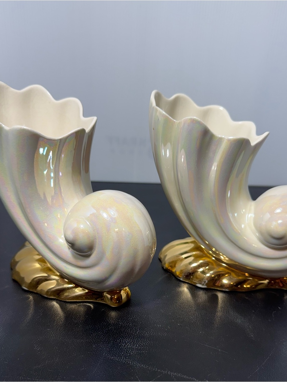 Iridescent white Shell Accent Vases with Gold Base - Set of 2